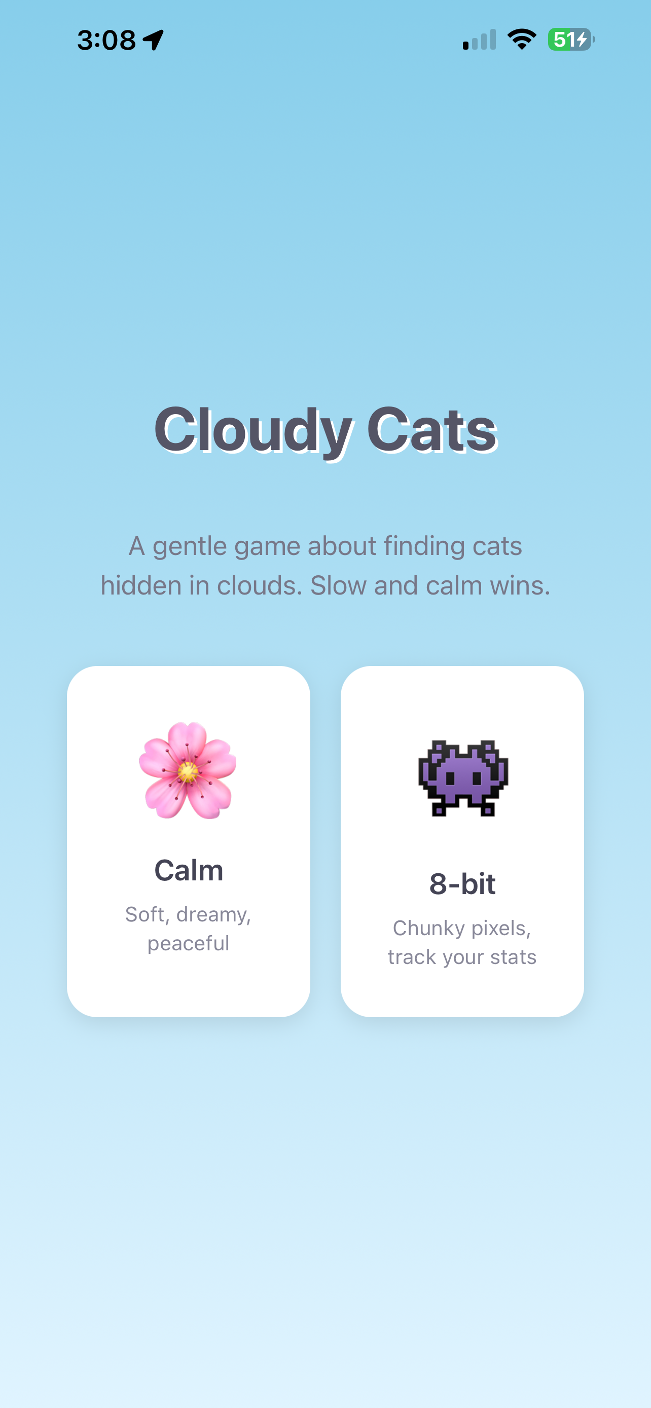Cloudy Cats app menu showing Calm and 8-bit modes